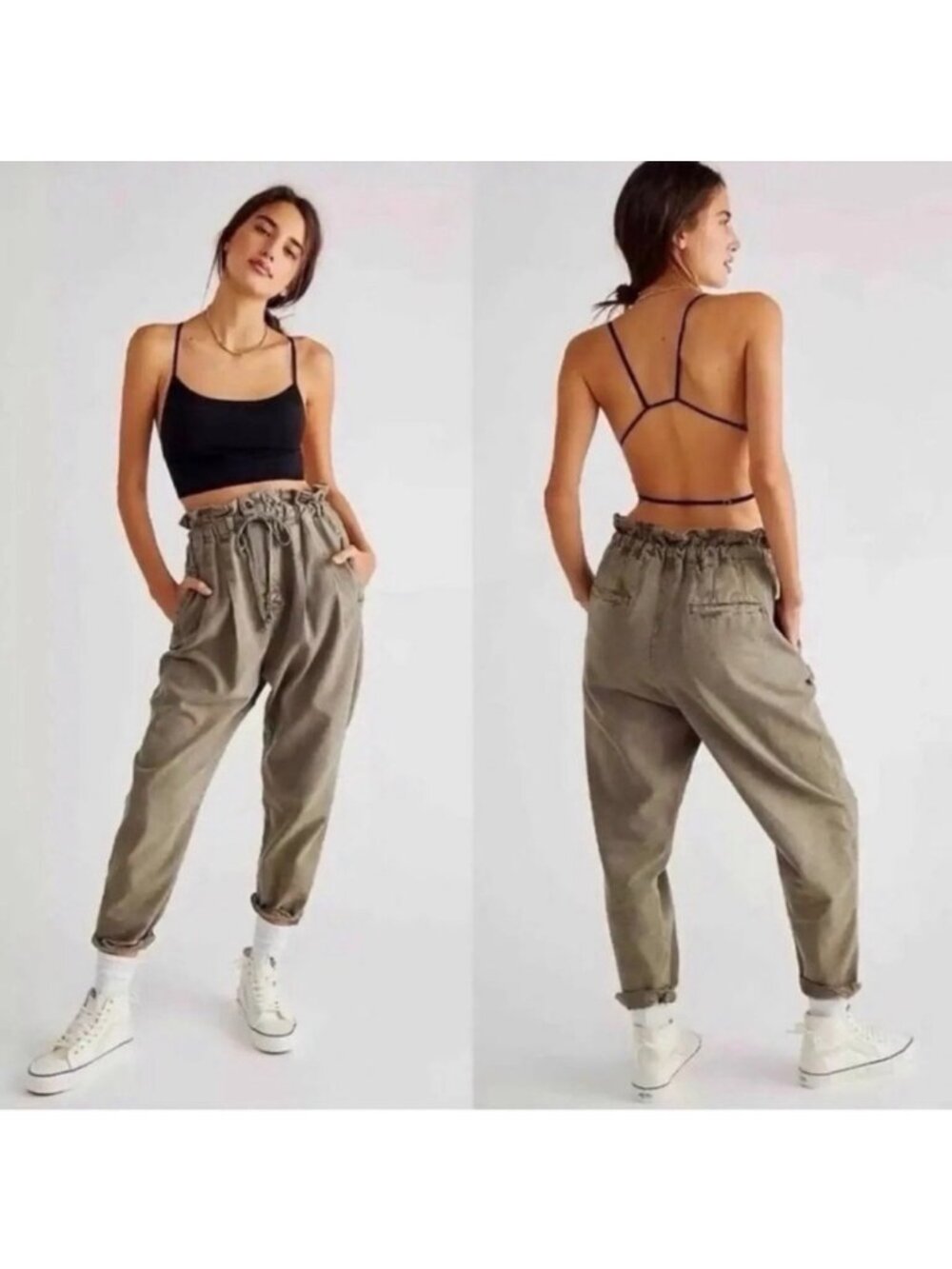 Free People Margate Pleated Drawstring Jogger Trouser Green Size Small